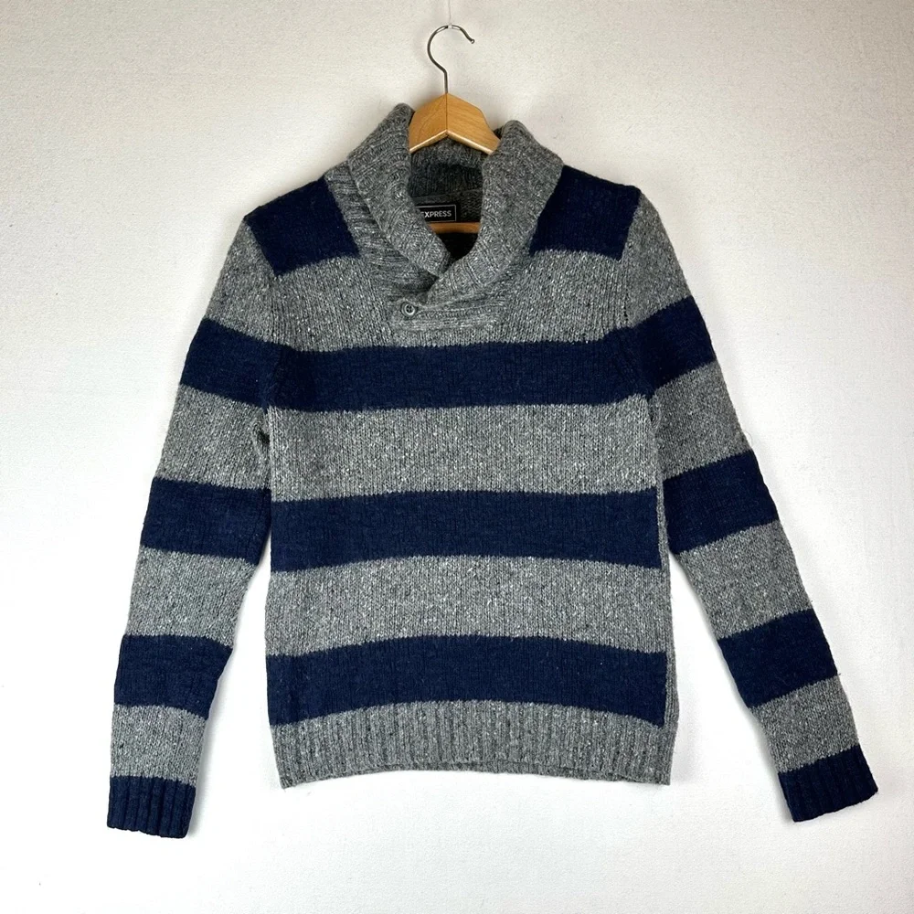Express Shawl Collar Stripe Wool Blend Sweater Chunky Fisherman Preppy